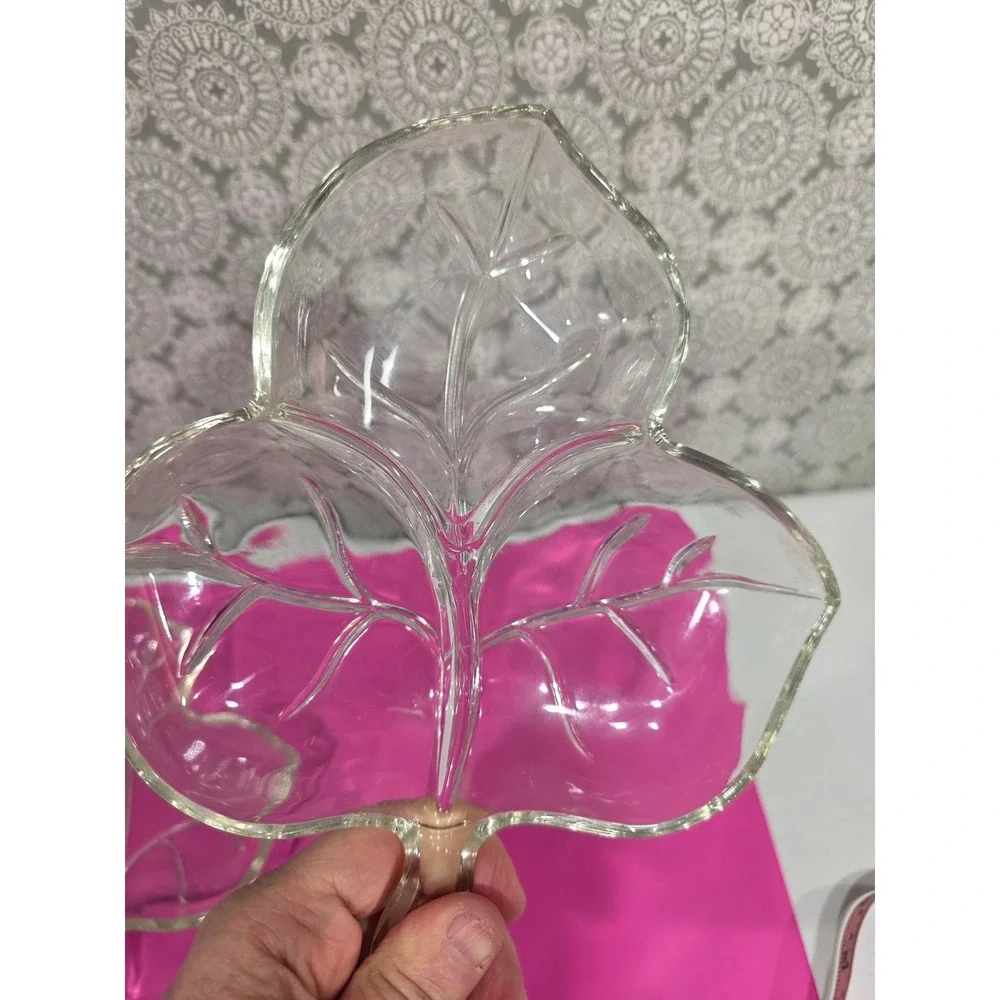 Clear Glass Maple Leaf Shaped Candy‎ Nut Dish 1-Divided Serving Tray Set Holiday